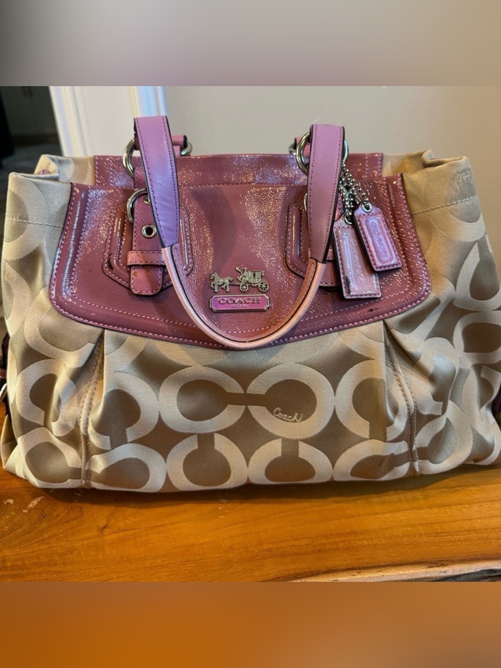 Coach Vintage Beige Signature Satchel with Pink Leather Trim
